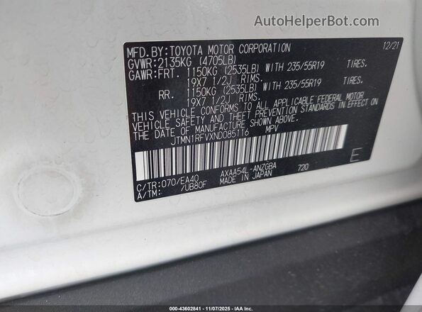 JTMN1RFVXND085116 2022 TOYOTA LIMITED White Widok komory silnika