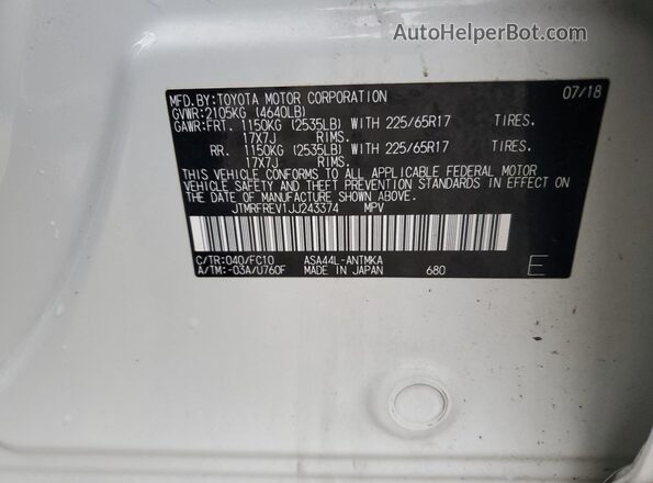 JTMRFREV1JJ243374 2018 TOYOTA RAV4 Белый Вид наклейки с VIN-кодом