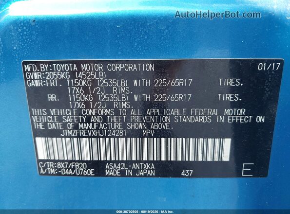 JTMZFREVXHJ124281 2017 TOYOTA LE Blue Vista del compartimento del motor