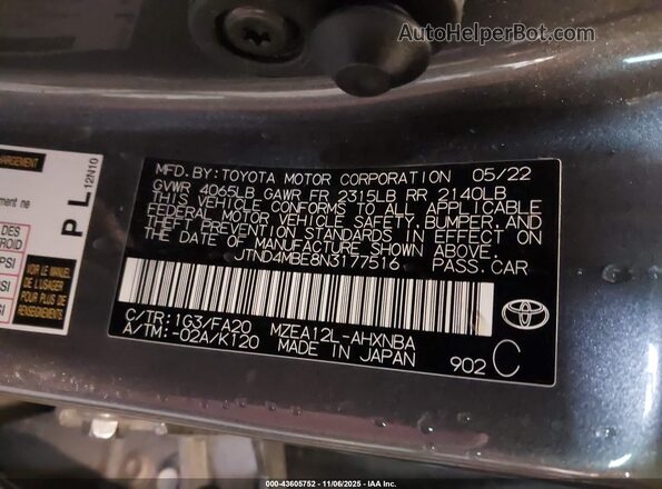 JTND4MBE8N3177516 2022 TOYOTA LL Gray Engine compartment view