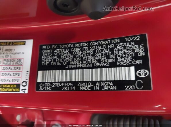 JTNKHMBX5N1135992 2022 TOYOTA C-HR Red Շարժիչի բաժամունքի տեսք