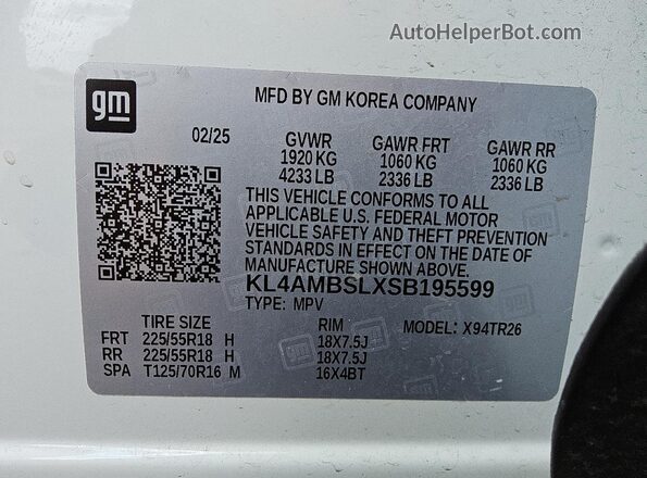 KL4AMBSLXSB195599 2025 BUICK ENCORE Белый Вид наклейки с VIN-кодом