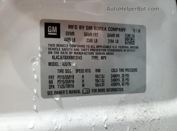 KL4CJESBXKB813143 2019 BUICK ENCORE White 360 interior view