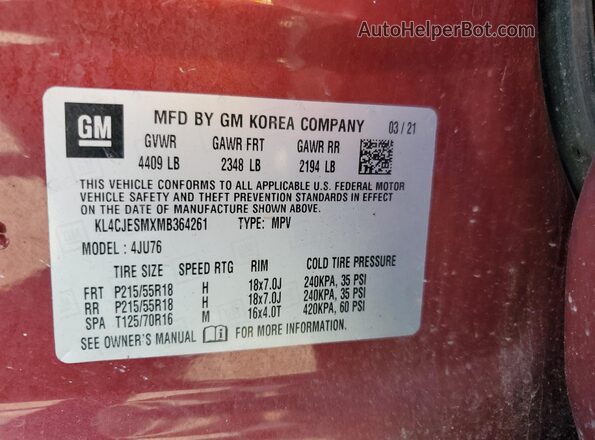 KL4CJESMXMB364261 2021 BUICK ENCORE Red Vista del compartimento del motor