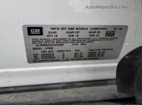 KL4MMBS22LB134091 2020 BUICK ENCORE White Вид наклейки з VIN-кодом