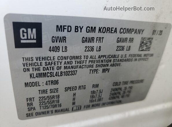 KL4MMCSL4LB102337 2020 BUICK ENCORE White VIN sticker view