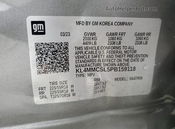 KL4MMCSL5PB159118 2023 BUICK ENCORE Gray Widok naklejki z numerem VIN