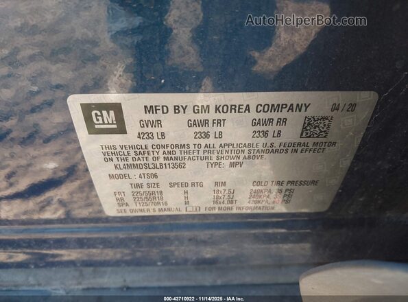 KL4MMDSL3LB113562 2020 BUICK ENCORE Blue ძრავის განყოფილების ხედი