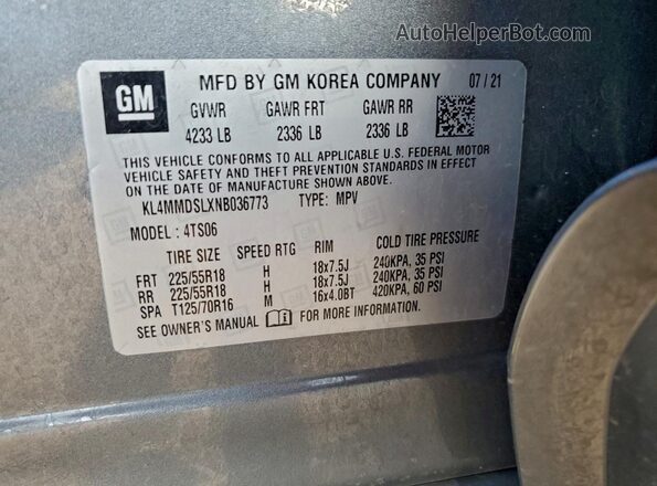 KL4MMDSLXNB036773 2022 BUICK ENCORE Gray Widok naklejki z numerem VIN
