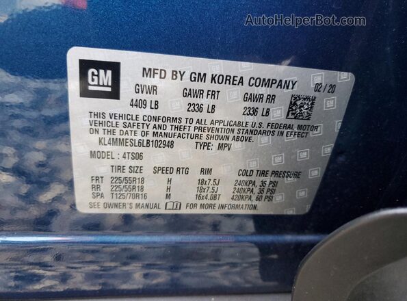 KL4MMESL6LB102948 2020 BUICK ENCORE Синий 