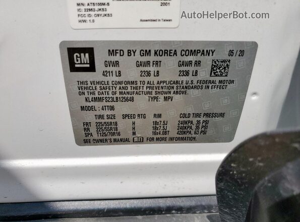 KL4MMFS23LB125648 2020 BUICK ENCORE White Vista de la etiqueta del VIN