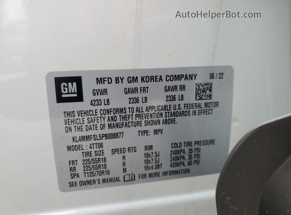 KL4MMFSL5PB008877 2023 BUICK ENCORE White Vista de la etiqueta del VIN