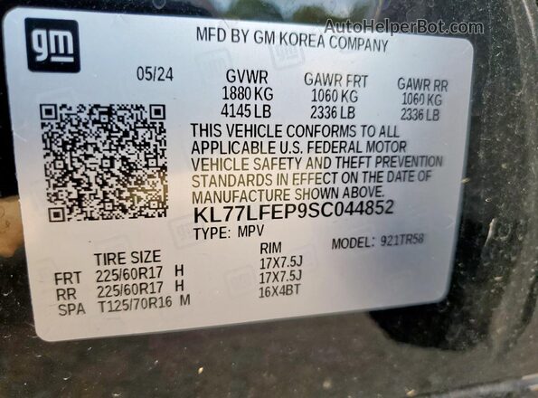 KL77LFEP9SC044852 2025 CHEVROLET TRAX Black Vista de la etiqueta del VIN