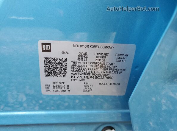 KL77LHEP4SC129450 2025 CHEVROLET TRAX Синий Вид наклейки с VIN-кодом