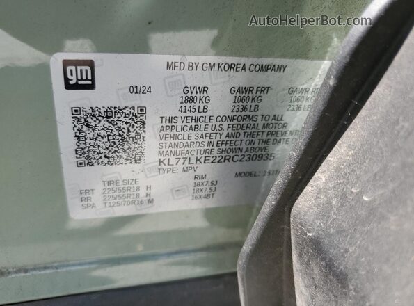 KL77LKE22RC230935 2024 CHEVROLET TRAX Green Вид наклейки з VIN-кодом