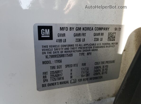 KL79MMS26MB175409 2021 CHEVROLET TRAILBLAZER White VIN կոդի պիտակի տեսք