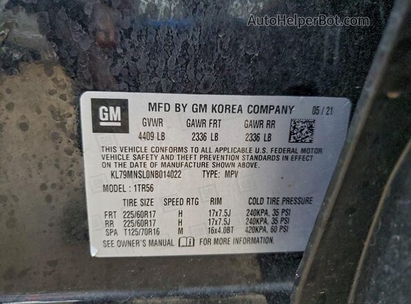 KL79MNSL0NB014022 2022 CHEVROLET TRAILBLAZER Black Widok naklejki z numerem VIN