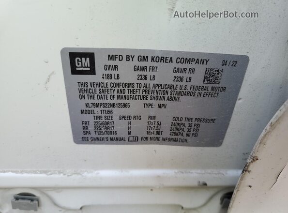 KL79MPS22NB125965 2022 CHEVROLET TRAILBLAZER White Widok wnętrza 360 stopni