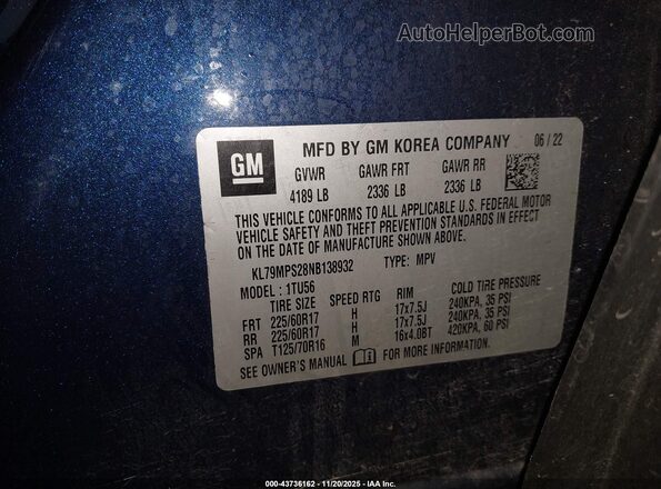 KL79MPS28NB138932 2022 CHEVROLET TRAILBLAZER Blue Widok komory silnika