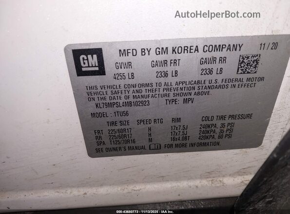 KL79MPSL4MB102923 2021 CHEVROLET TRAILBLAZER White 