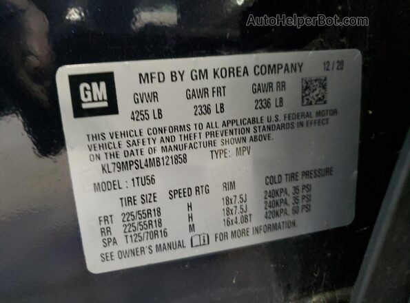 KL79MPSL4MB121858 2021 CHEVROLET TRAILBLAZER Blue VIN կոդի պիտակի տեսք