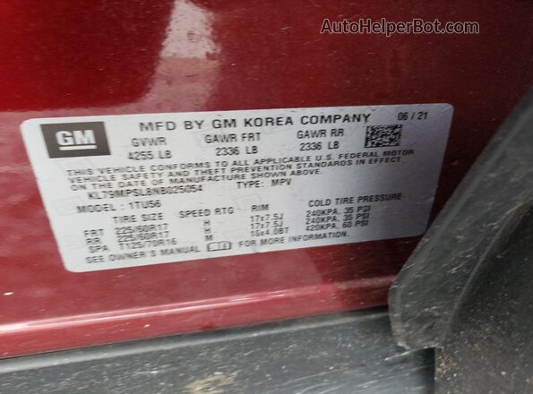 KL79MPSL8NB025054 2022 CHEVROLET TRAILBLAZER Red Widok naklejki z numerem VIN