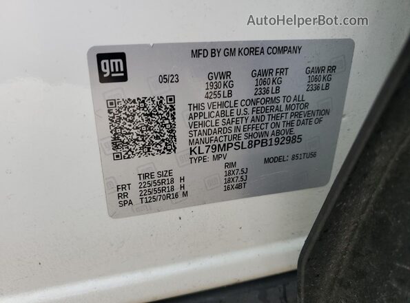 KL79MPSL8PB192985 2023 CHEVROLET TRAILBLAZER Белый Вид наклейки с VIN-кодом