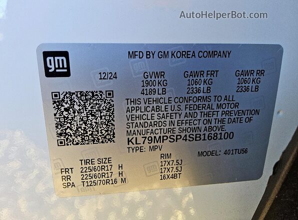KL79MPSP4SB168100 2025 CHEVROLET TRAILBLAZER Белый Вид наклейки с VIN-кодом