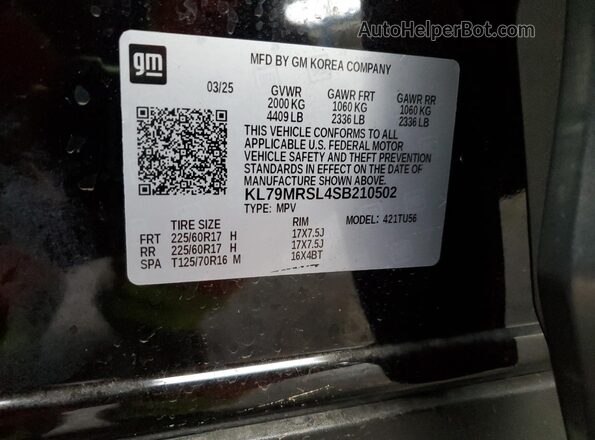 KL79MRSL4SB210502 2025 CHEVROLET TRAILBLAZER Черный Вид наклейки с VIN-кодом