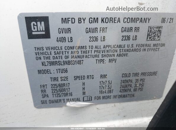 KL79MRSL9NB031487 2022 CHEVROLET TRAILBLAZER Белый Вид подкапотного пространства