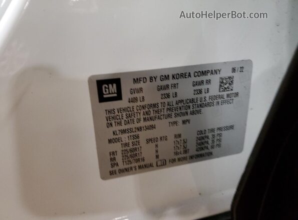 KL79MSSL2NB134094 2022 CHEVROLET TRAILBLAZER White VIN sticker view