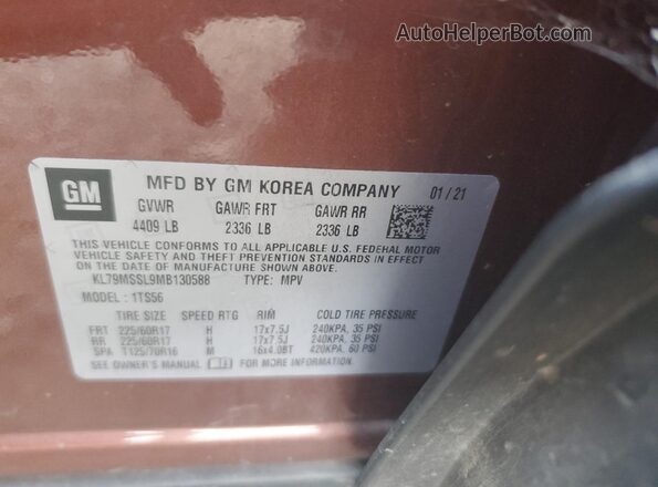 KL79MSSL9MB130588 2021 CHEVROLET TRAILBLAZER Brown VIN կոդի պիտակի տեսք