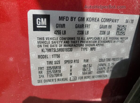KL79MTSL5MB018330 2021 CHEVROLET TRAILBLAZER Red VIN კოდის სტიკერის ხედი