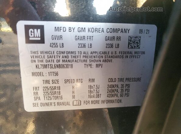 KL79MTSL6NB063018 2022 CHEVROLET TRAILBLAZER Black VIN կոդի պիտակի տեսք