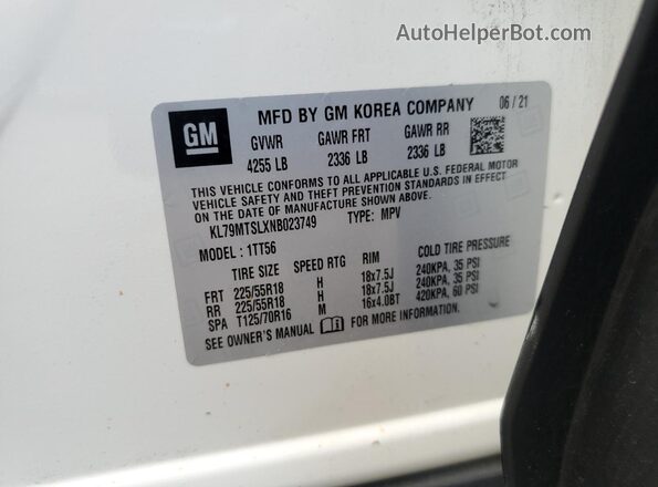 KL79MTSLXNB023749 2022 CHEVROLET TRAILBLAZER White VIN კოდის სტიკერის ხედი