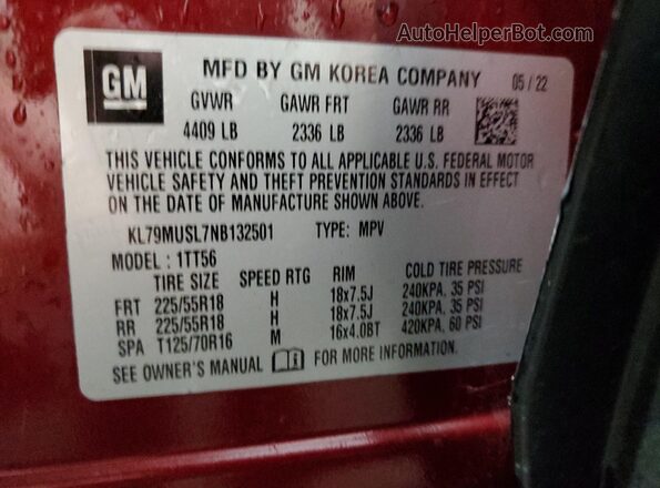 KL79MUSL7NB132501 2022 CHEVROLET TRAILBLAZER Maroon VIN sticker view
