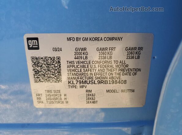 KL79MUSL9RB198408 2024 CHEVROLET TRAILBLAZER Blue Widok naklejki z numerem VIN