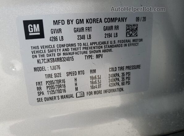 KL7CJKSB4MB324015 2021 CHEVROLET TRAX Silver Vista interior de 360 grados