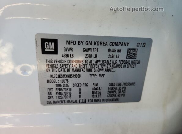 KL7CJKSMXNB549008 2022 CHEVROLET TRAX Белый Вид наклейки с VIN-кодом