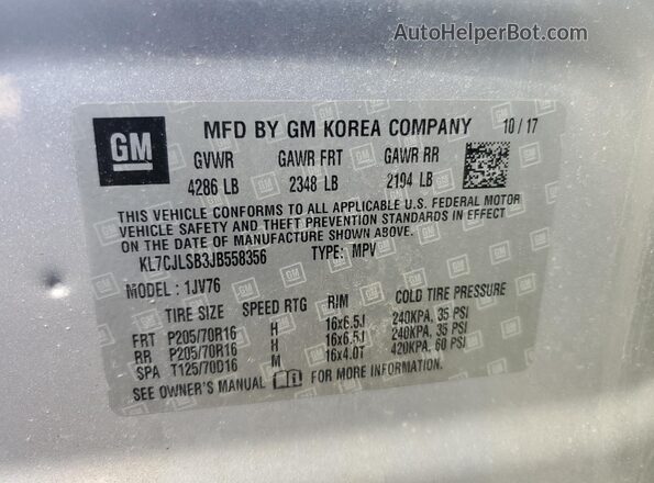 KL7CJLSB3JB558356 2018 CHEVROLET TRAX Silver 