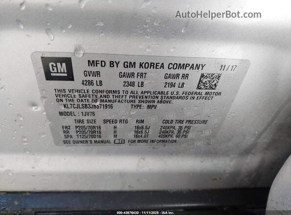 KL7CJLSB3JB571916 2018 CHEVROLET TRAX Silver 
