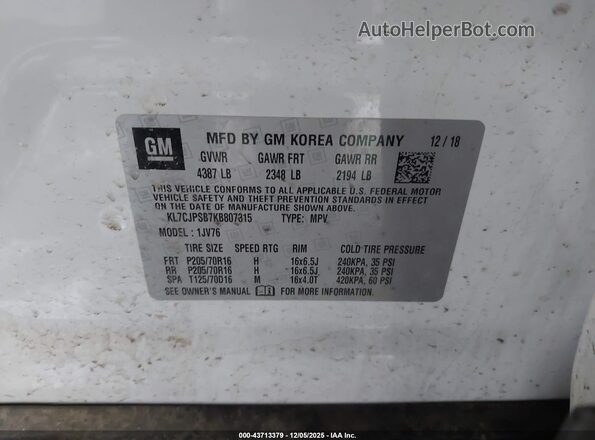 KL7CJPSB7KB807315 2019 CHEVROLET TRAX White Engine compartment view