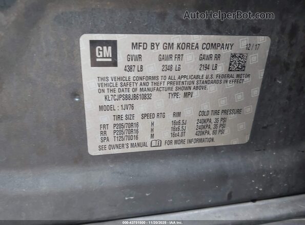 KL7CJPSB8JB610832 2018 CHEVROLET TRAX Gray 