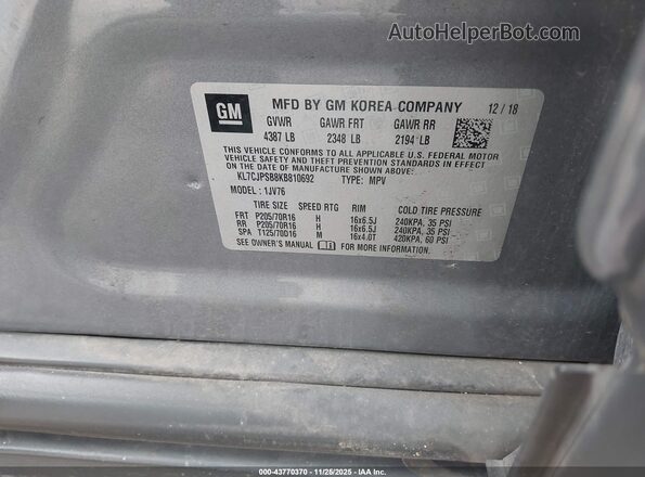 KL7CJPSB8KB810692 2019 CHEVROLET TRAX Серый Вид подкапотного пространства
