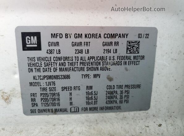 KL7CJPSM0NB533686 2022 CHEVROLET TRAX White Widok wnętrza 360 stopni
