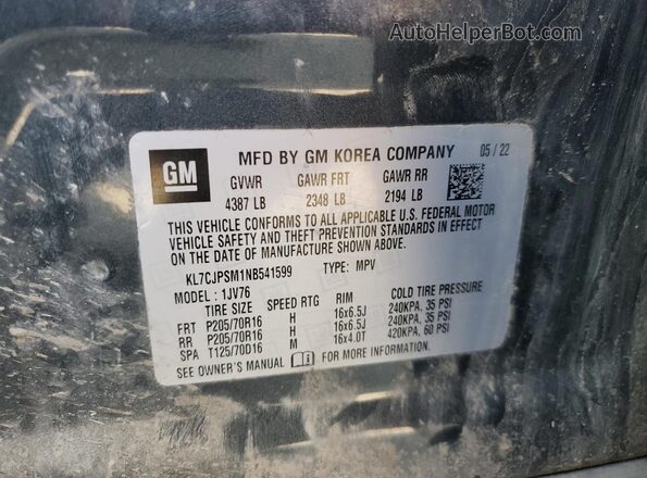KL7CJPSM1NB541599 2022 CHEVROLET TRAX Charcoal Widok naklejki z numerem VIN