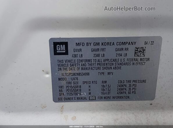 KL7CJPSM2NB534998 2022 CHEVROLET TRAX White Widok komory silnika