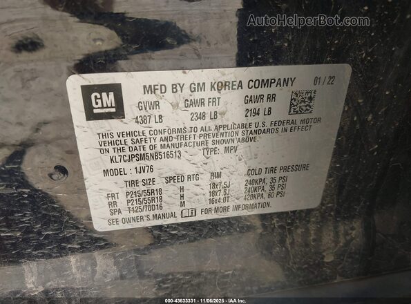 KL7CJPSM5NB516513 2022 CHEVROLET TRAX Dark Blue Вид подкапотного пространства