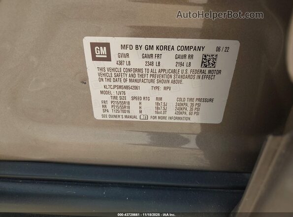 KL7CJPSM5NB542061 2022 CHEVROLET TRAX Коричневый Вид подкапотного пространства