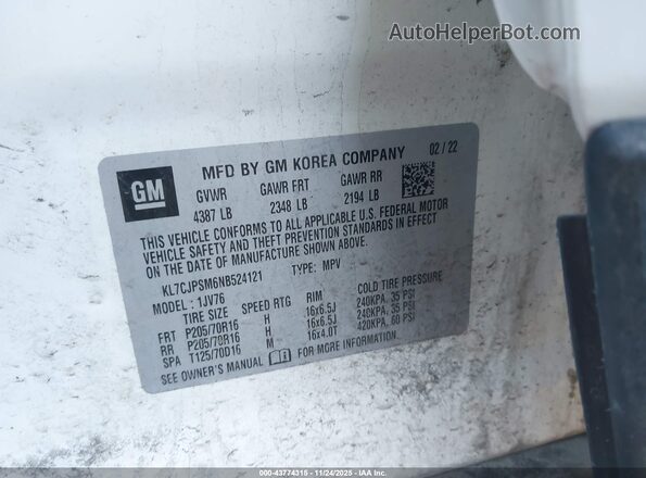 KL7CJPSM6NB524121 2022 CHEVROLET TRAX Белый Вид подкапотного пространства